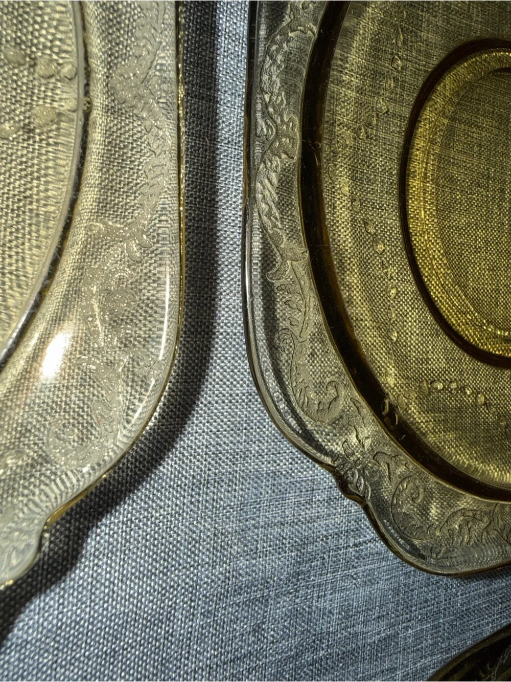 Vintage Amber Depression Glass Saucers Set of 4 Scroll Border Tea Cup Plates